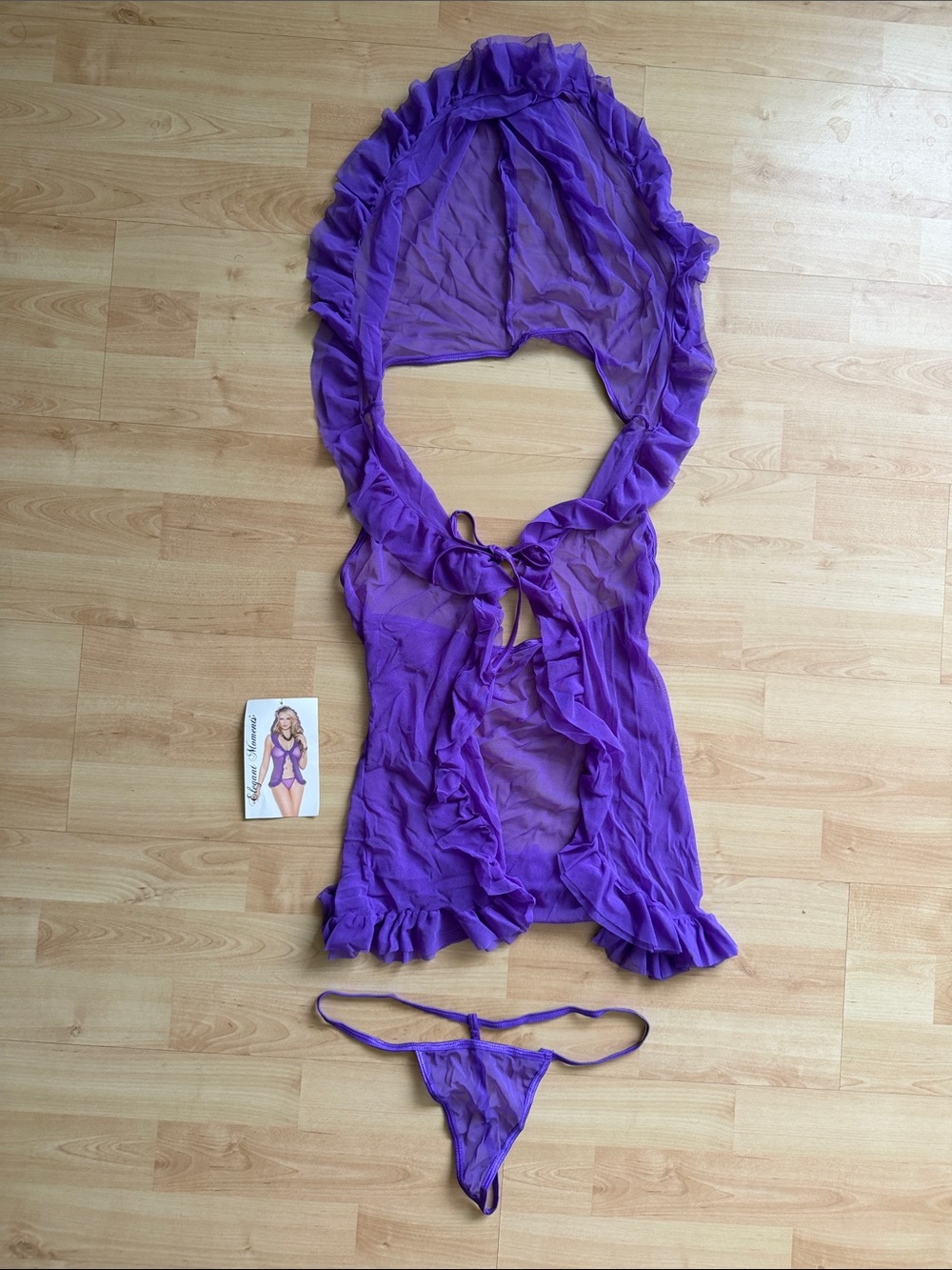 Elegant Moments Sheer Ruffle Hooded Halter Babydoll & Thong Set- Purple